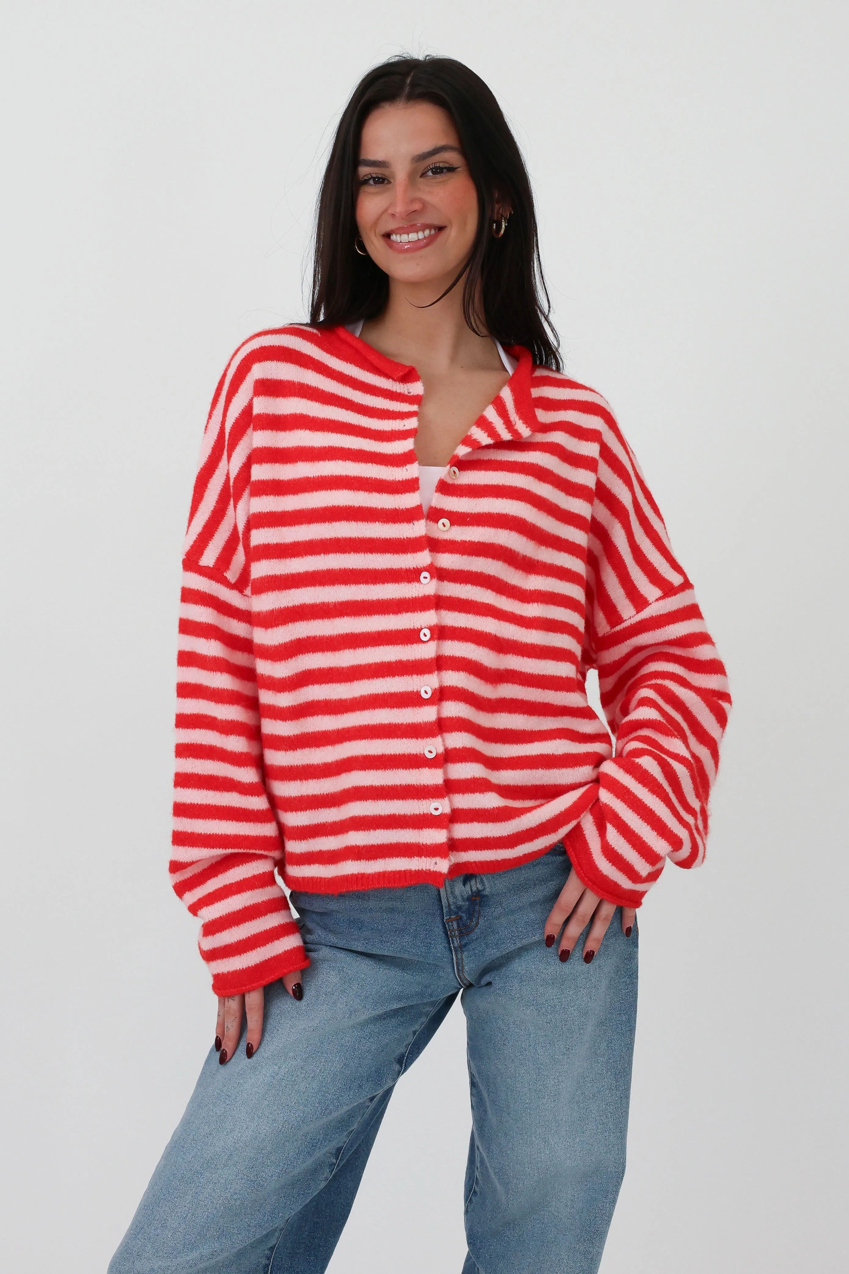 Phoebe Cardigan in Pink/Red Stripe sold by Grey Bandit product image thumbnail 2