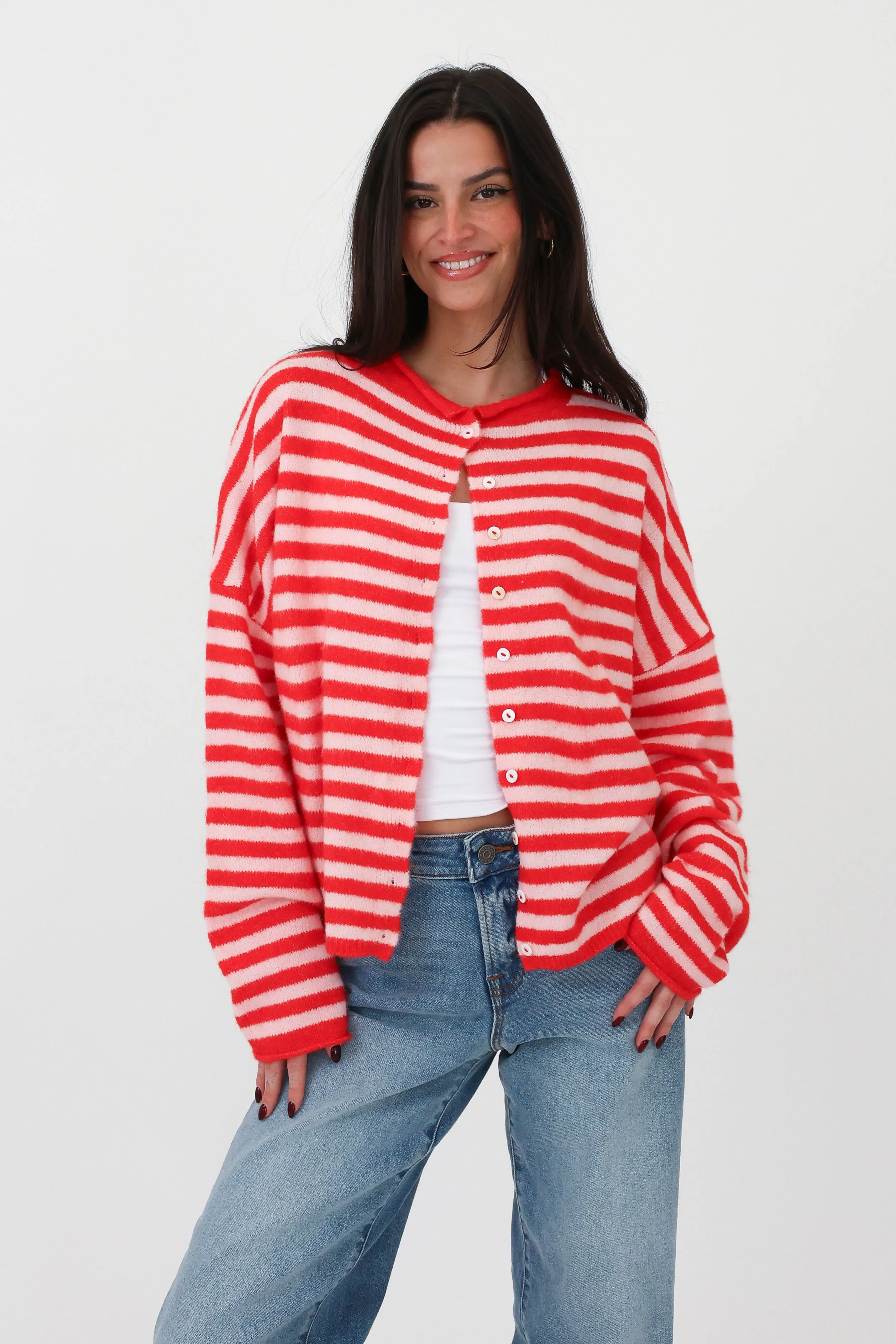 Phoebe Cardigan in Pink/Red Stripe sold by Grey Bandit