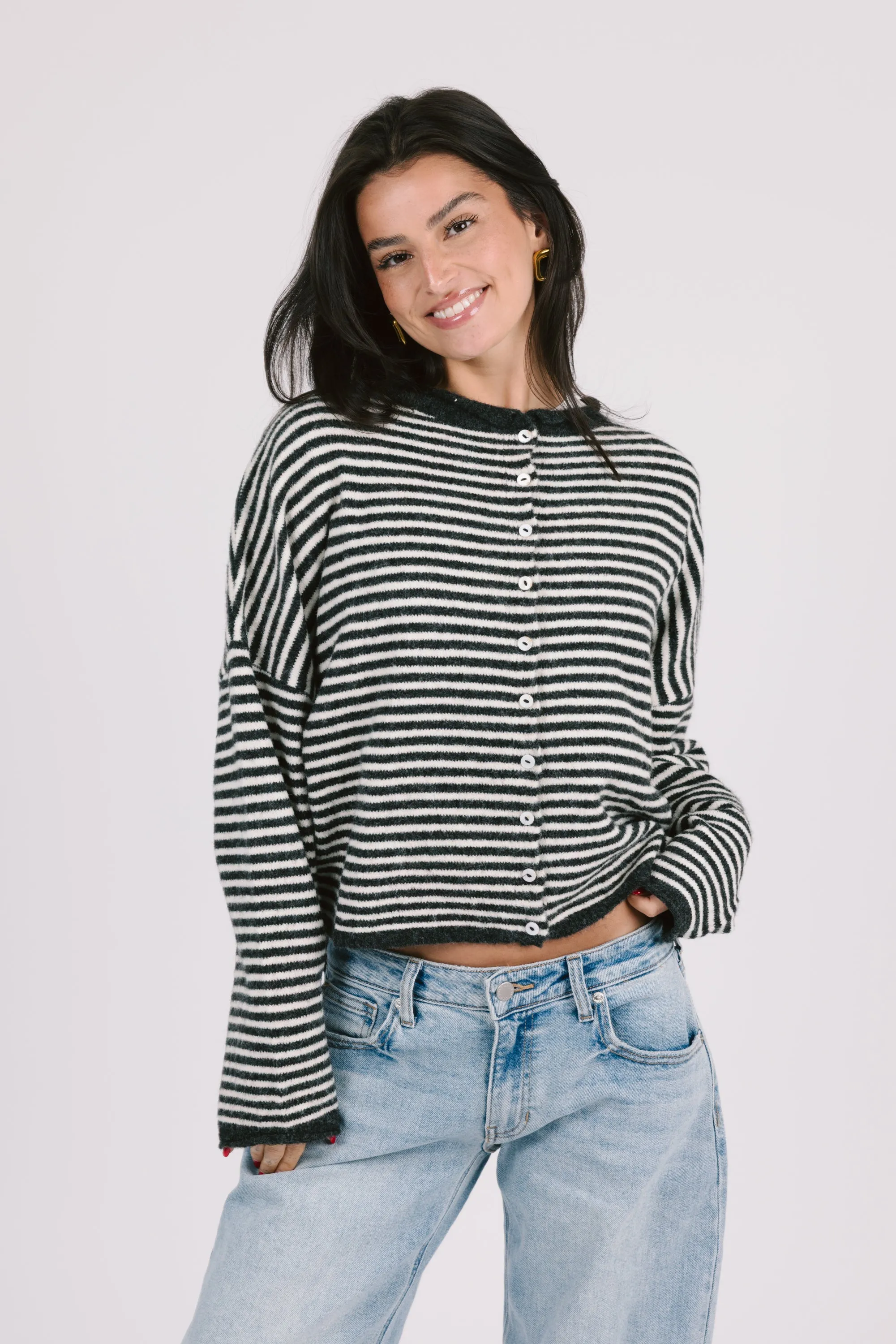 Phoebe Cardigan in Charcoal/White Stripe sold by Grey Bandit product image thumbnail 2