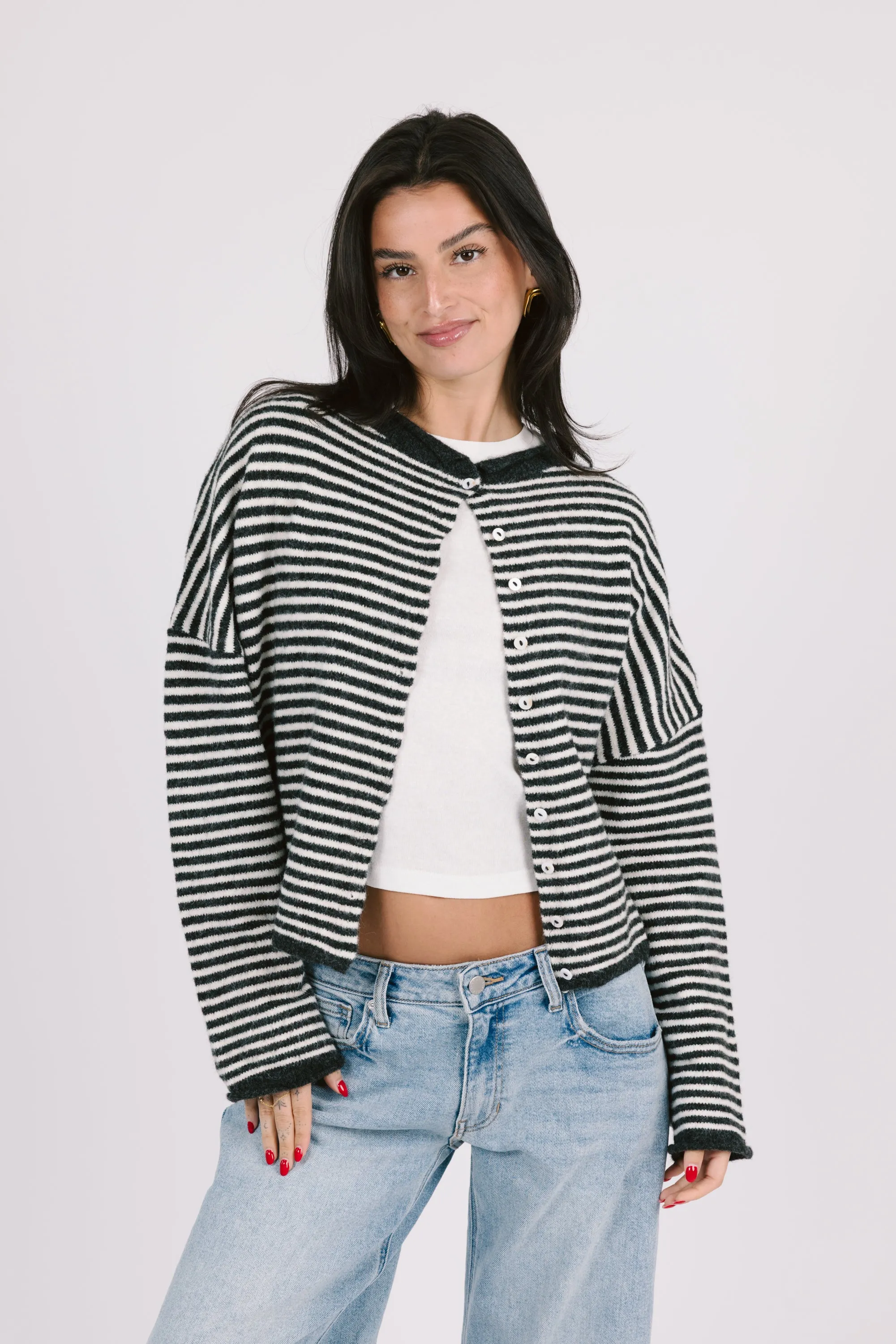 Phoebe Cardigan in Charcoal/White Stripe sold by Grey Bandit