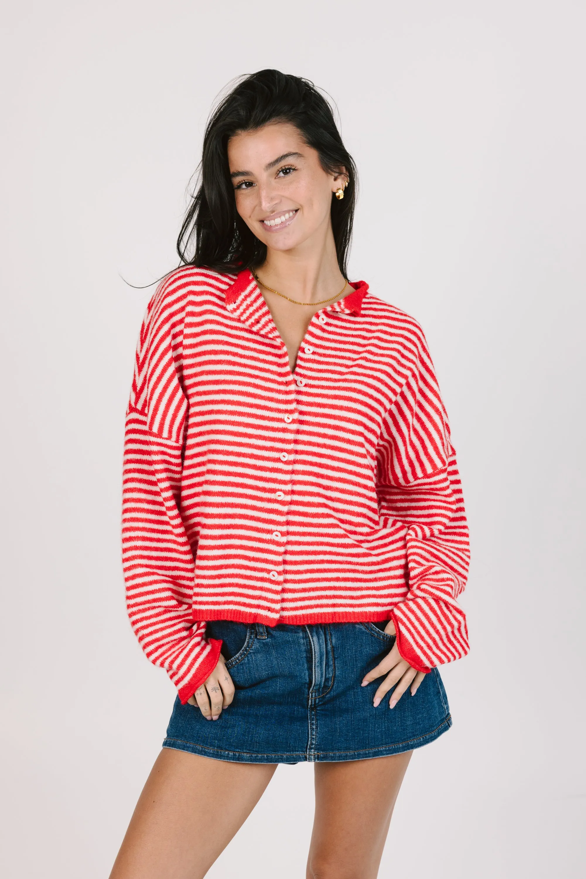 Phoebe Cardigan in Red/White Stripe sold by Grey Bandit