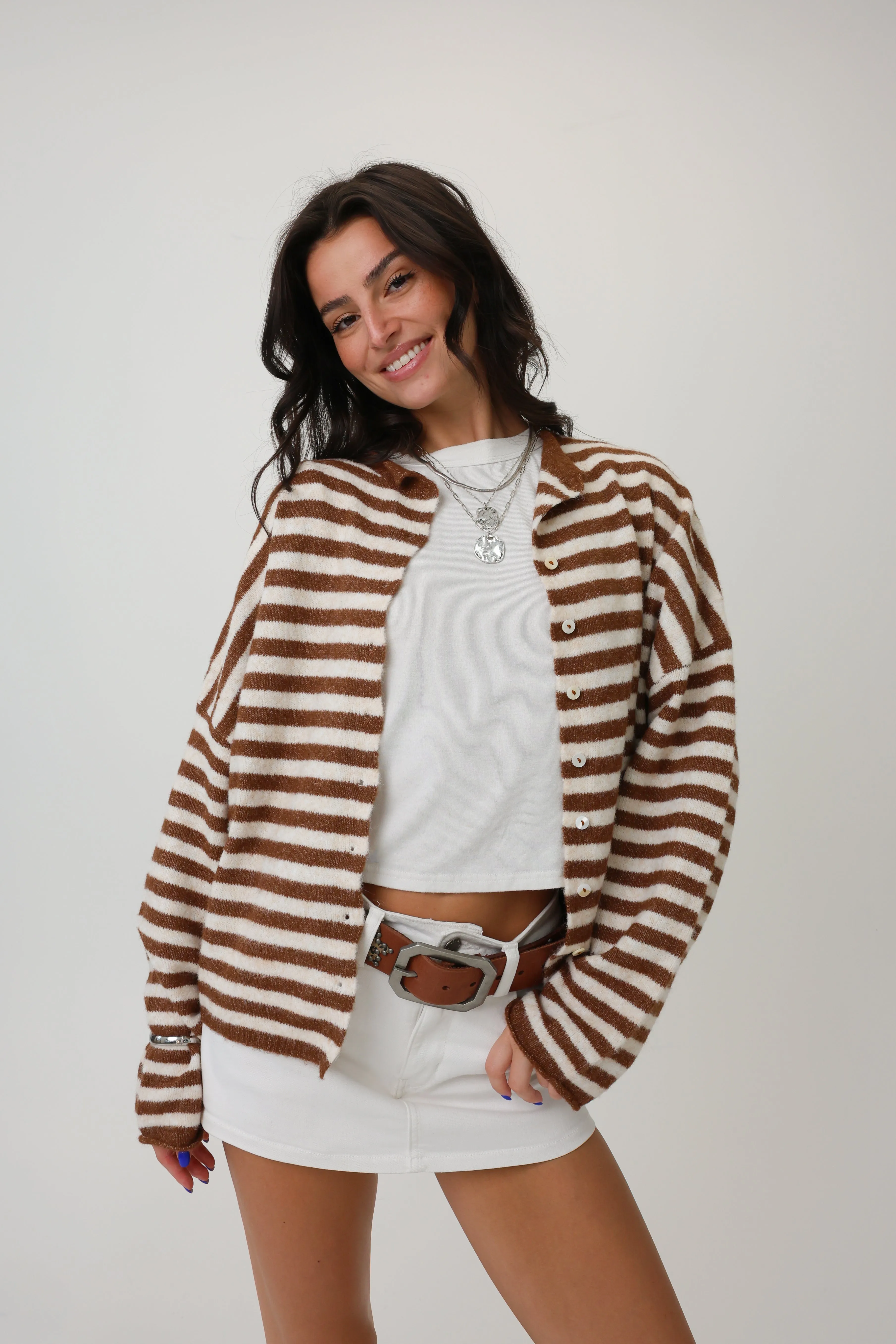 Phoebe Cardigan in Brown/Ivory Stripe sold by Grey Bandit