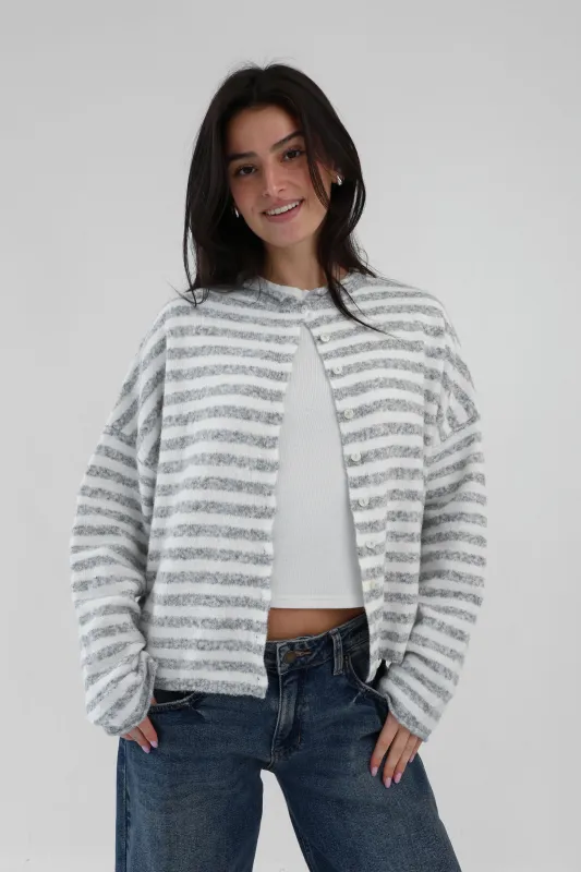 Phoebe Cardigan in Grey/White Stripe sold by Grey Bandit