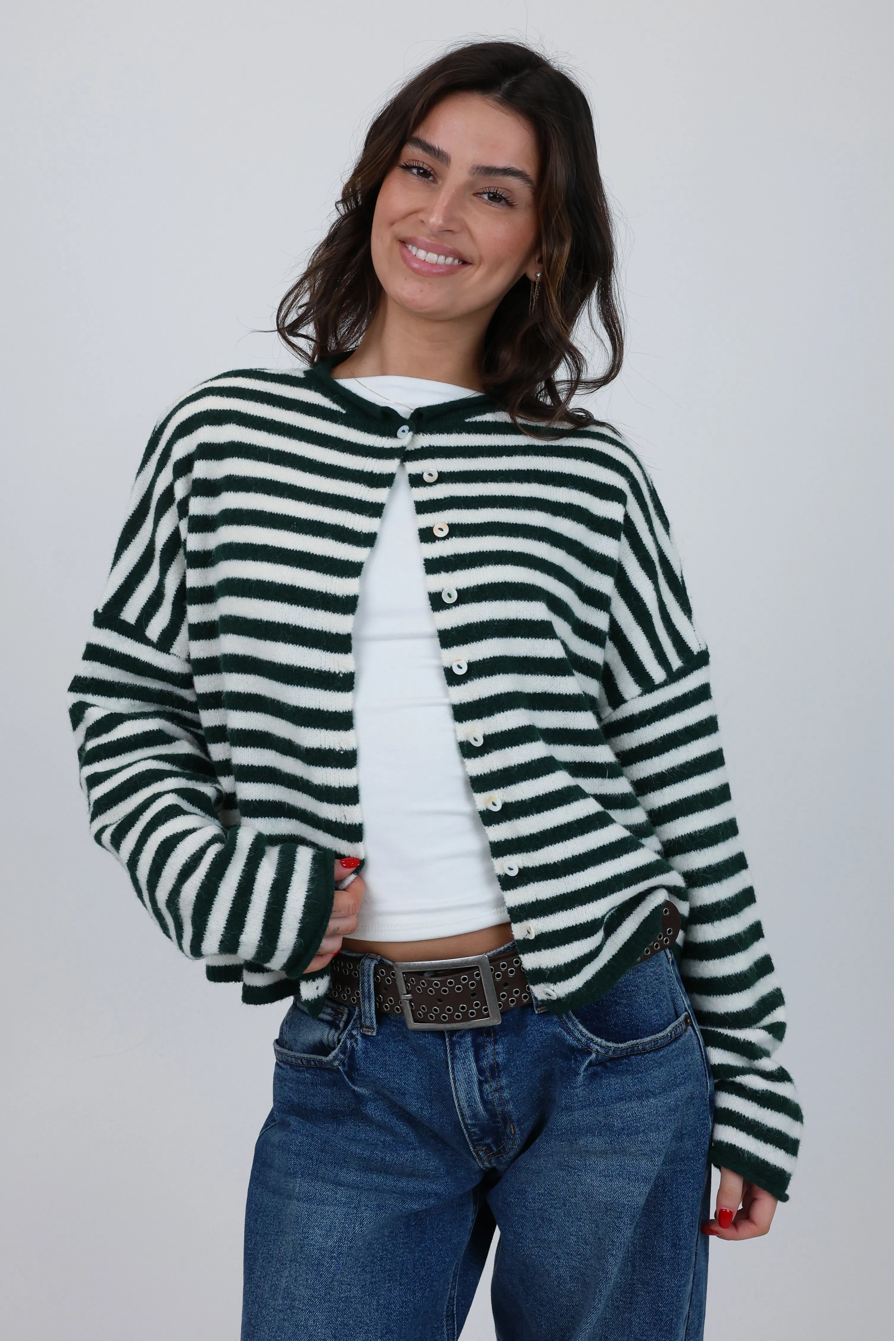 Phoebe Cardigan in Green/White Stripe sold by Grey Bandit