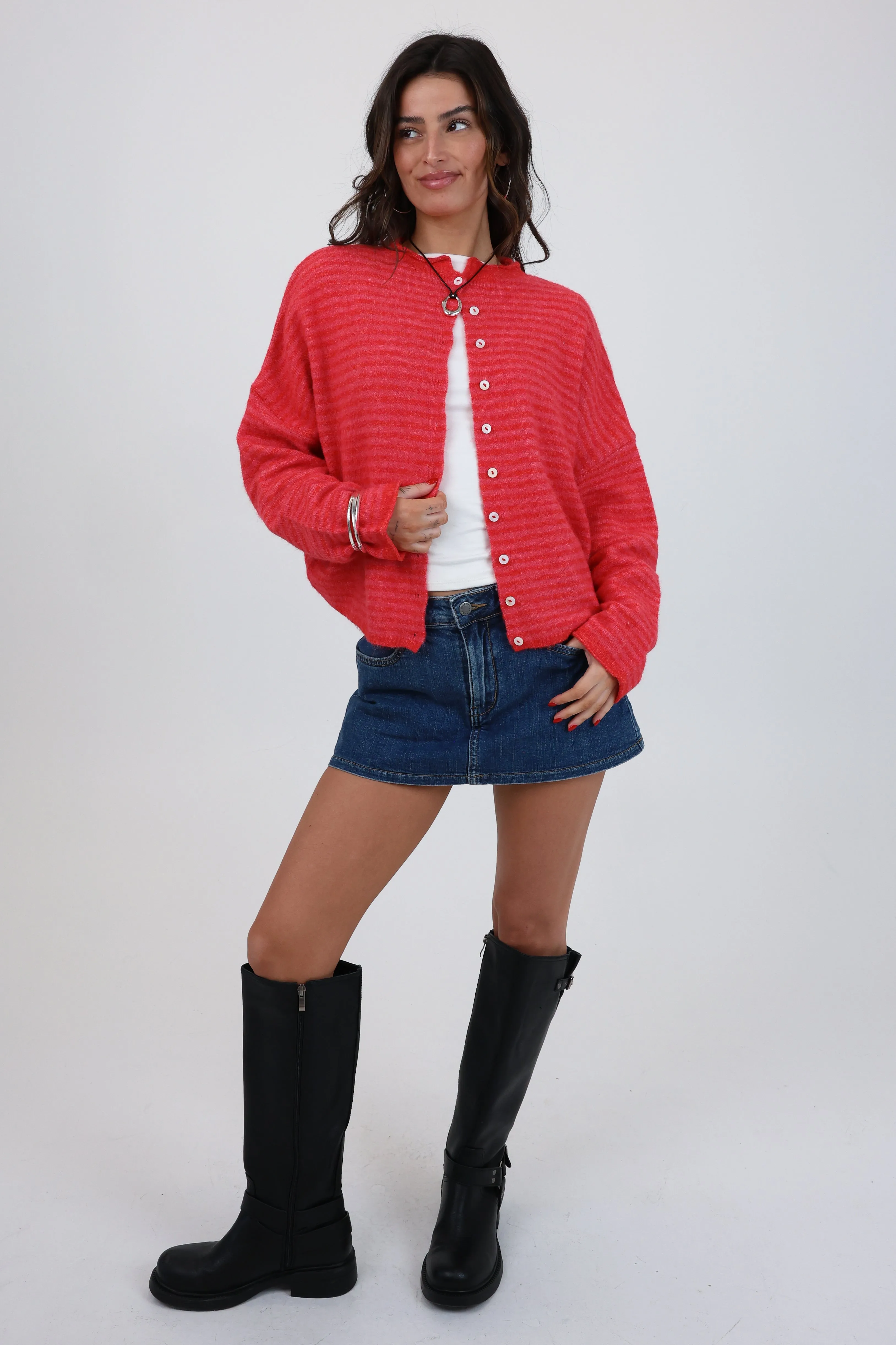 Phoebe Cardigan in Cherry sold by Grey Bandit