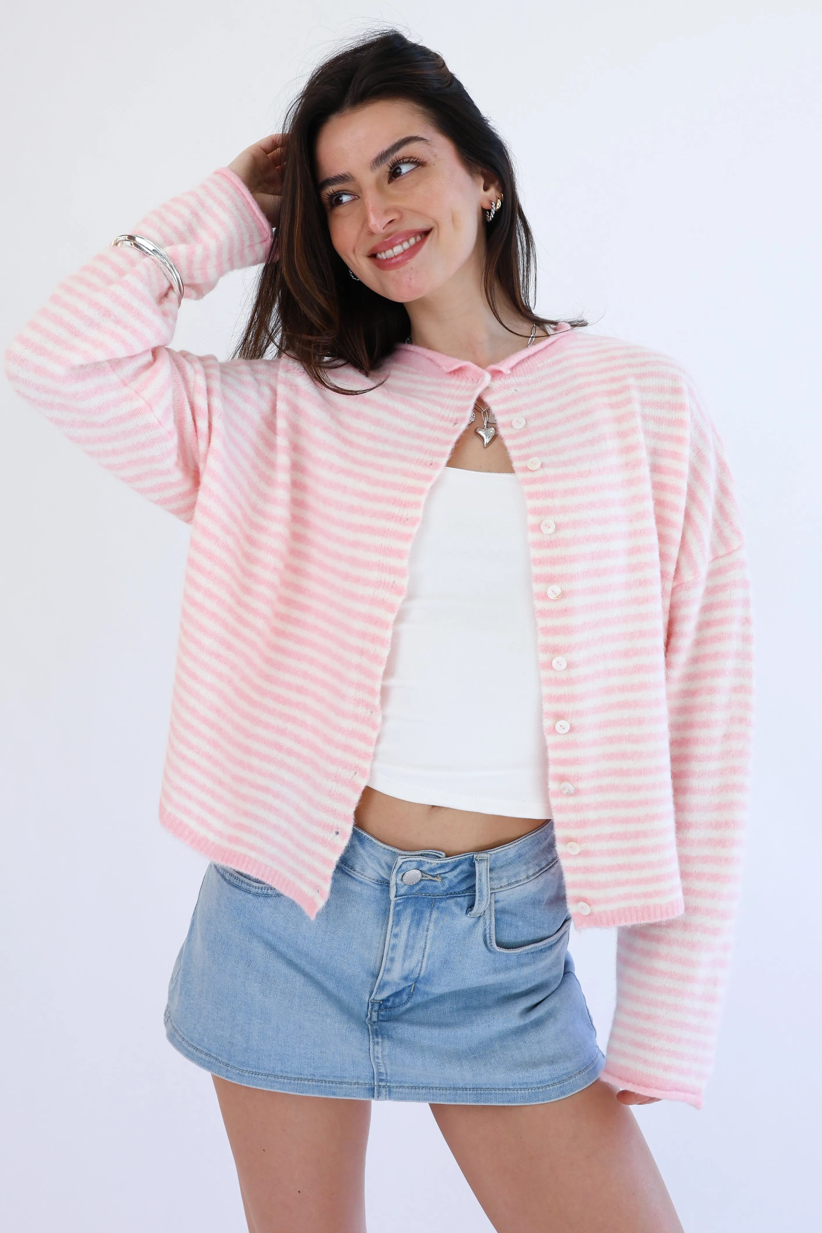 Phoebe Cardigan in Pink/White Stripe sold by Grey Bandit