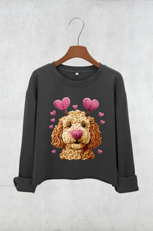 Valentines Dog Heart Faux Yarn Print Crop Sweatshirt For Women sold by Fancy Tees