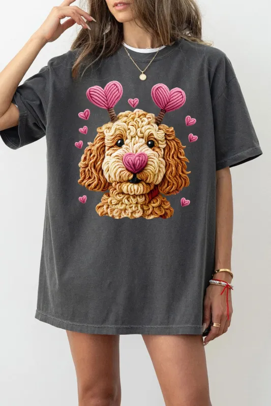 Valentines Dog Heart Faux Yarn Print Tee For Women sold by Fancy Tees