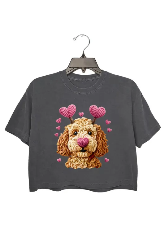 Valentines Dog Heart Faux Yarn Print Crop Top For Women sold by Fancy Tees