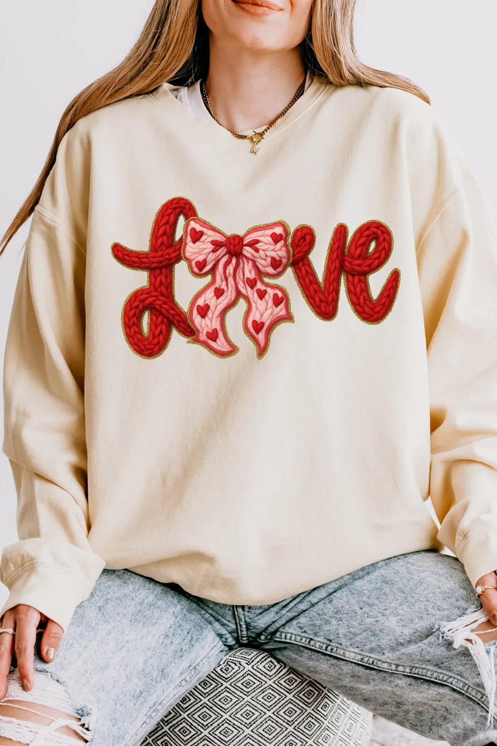 Valentine's Day LOVE Faux Knitted Print Sweatshirt For Women sold by Fancy Tees product image thumbnail 3