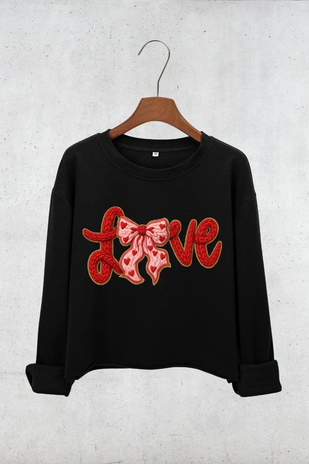 Valentine's Day LOVE Faux Knitted Print Crop Sweatshirt For Women sold by Fancy Tees product image thumbnail 3