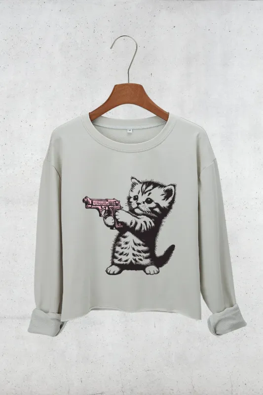 Kitten Pointing A Gun Crop Sweatshirt For Women sold by Fancy Tees
