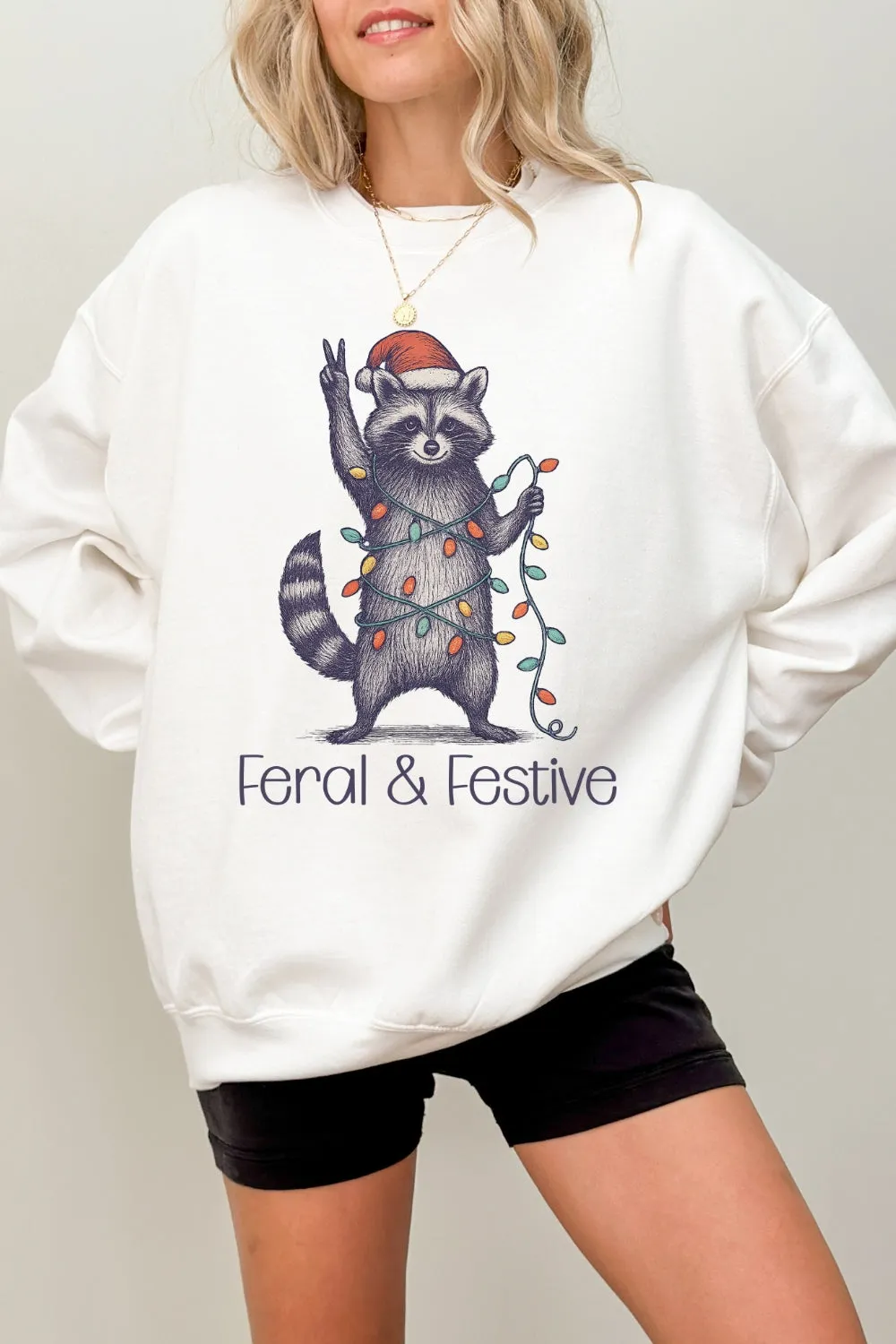 Feral and Festive Christmas Raccoon Sweatshirt For Women sold by Fancy Tees product image thumbnail 2