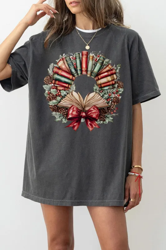 Watercolor Christmas Book Wreath Tee For Women sold by Fancy Tees
