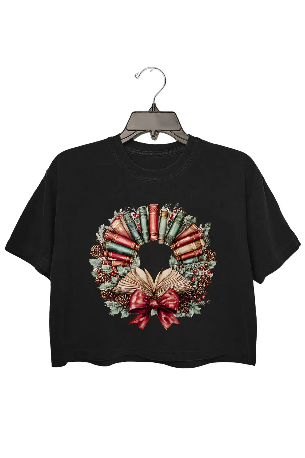 Watercolor Christmas Book Wreath Crop Top For Women sold by Fancy Tees product image thumbnail 3