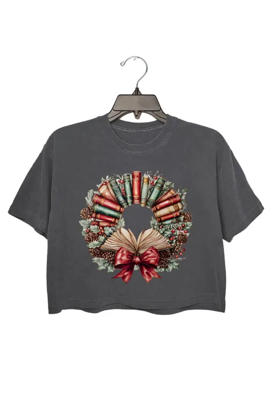 Watercolor Christmas Book Wreath Crop Top For Women sold by Fancy Tees