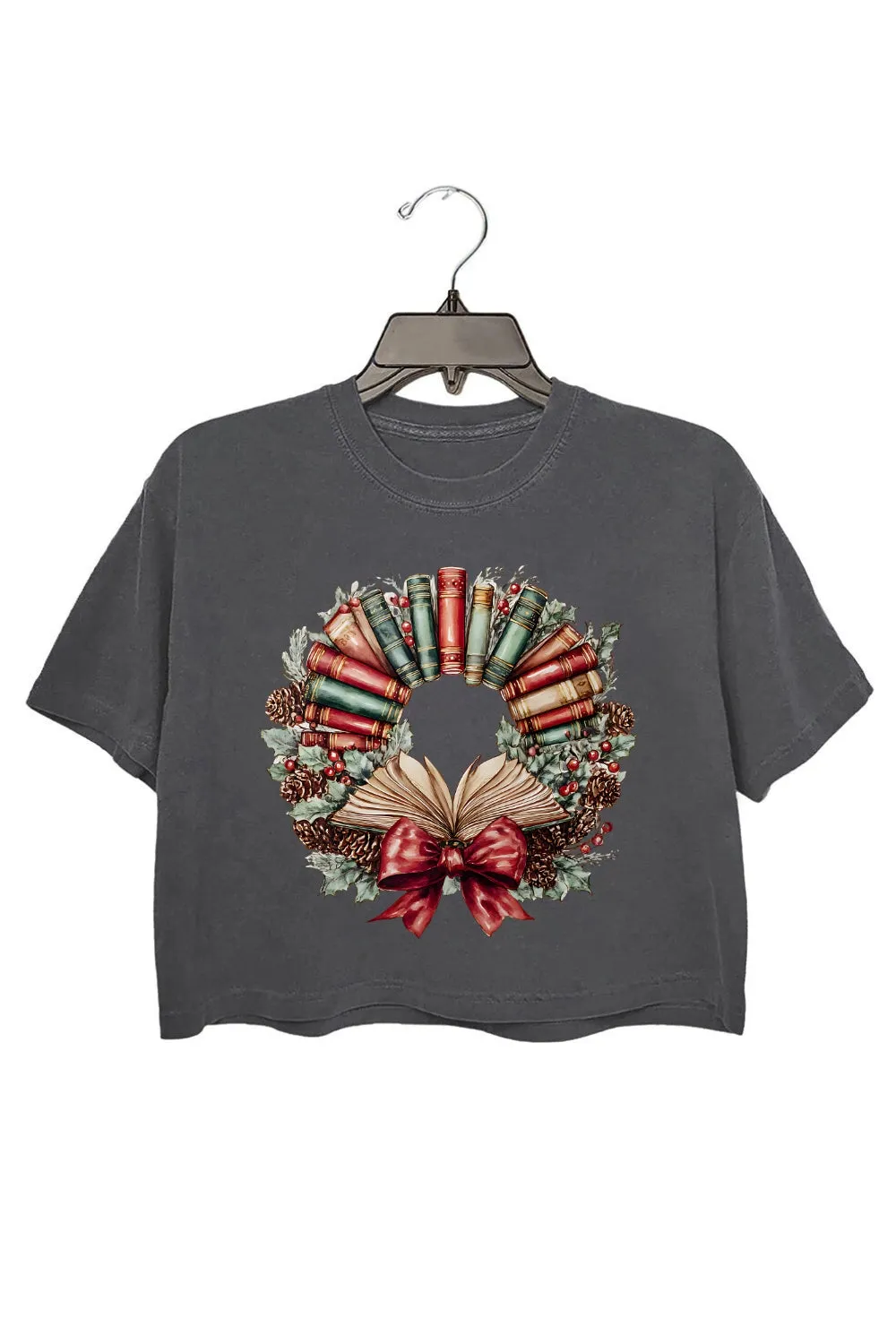 Watercolor Christmas Book Wreath Crop Top For Women sold by Fancy Tees