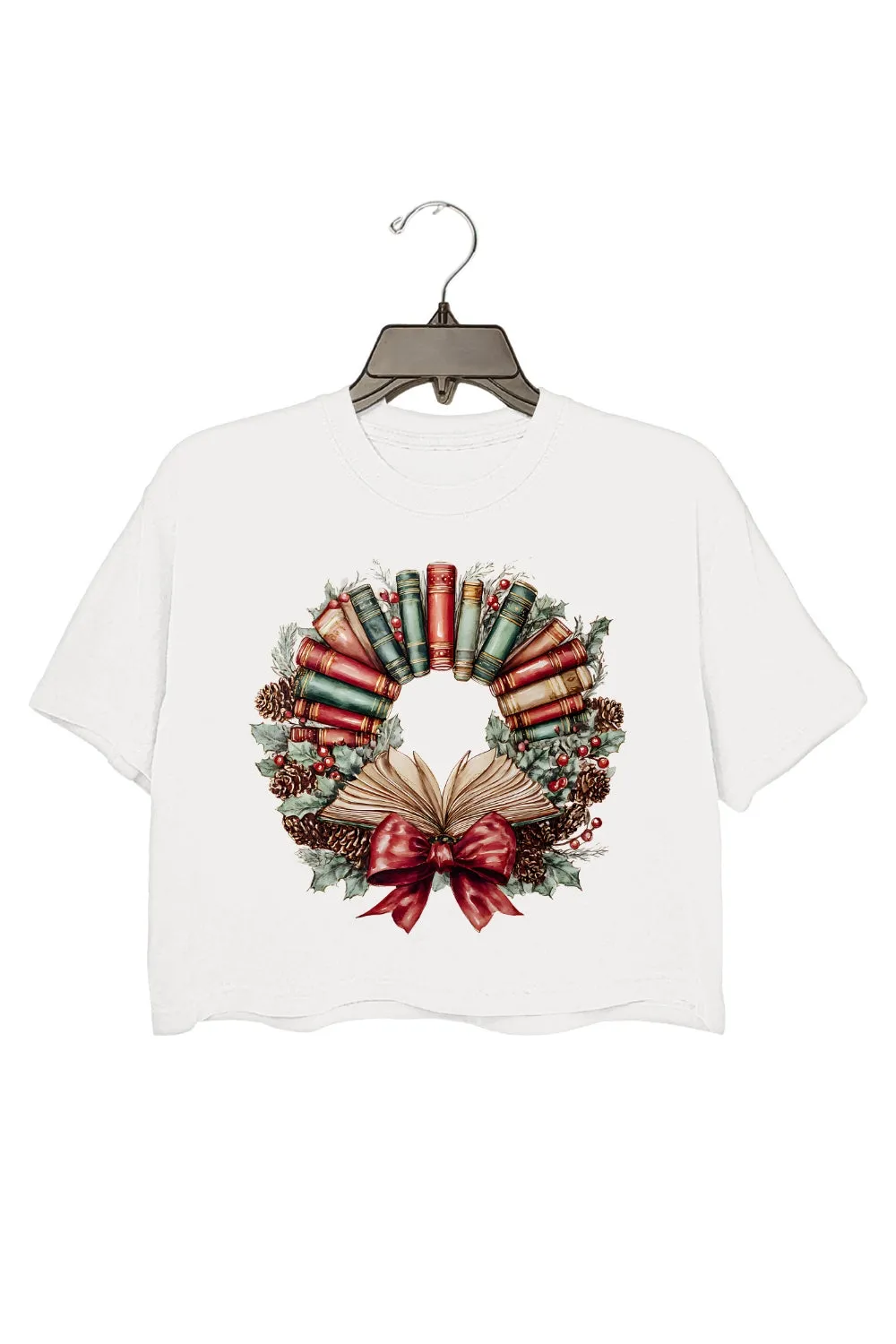 Watercolor Christmas Book Wreath Crop Top For Women sold by Fancy Tees product image thumbnail 2