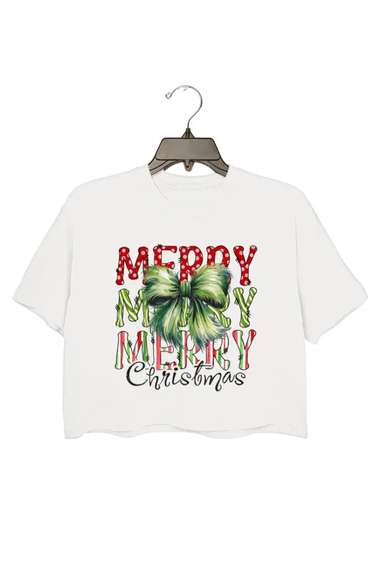 Green Fur Bow Merry Christmas Crop Top For Women sold by Fancy Tees