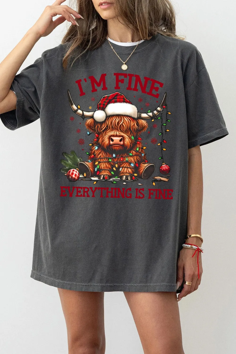 I'm Fine Everything Is Fine Christmas Highland Cow Tee For Women sold by Fancy Tees product image thumbnail 2