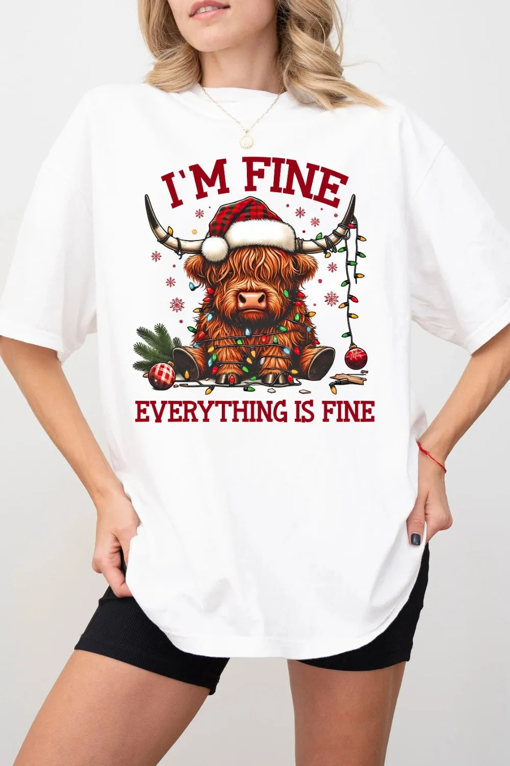 I'm Fine Everything Is Fine Christmas Highland Cow Tee For Women sold by Fancy Tees