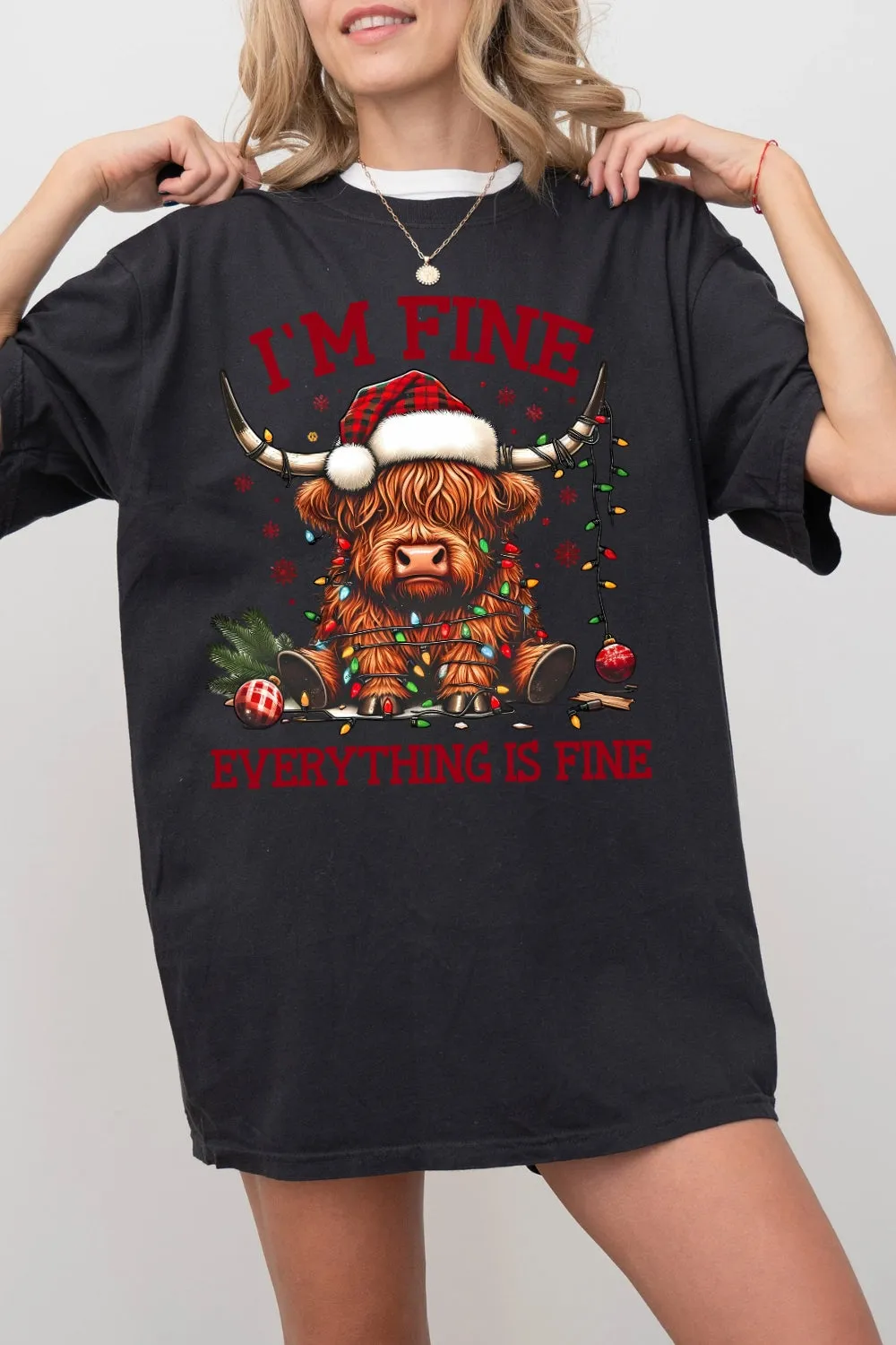 I'm Fine Everything Is Fine Christmas Highland Cow Tee For Women sold by Fancy Tees product image thumbnail 3
