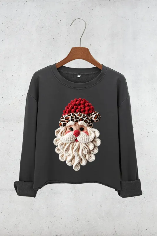 Retro Leopard Faux Yarn Santa Crop Sweatshirt For Women sold by Fancy Tees