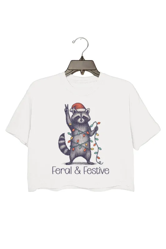 Feral and Festive Christmas Raccoon Crop Top For Women sold by Fancy Tees