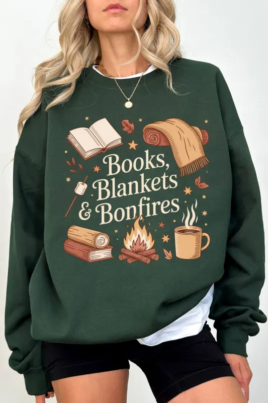 Cozy Fall Books Blankets Bonfires Sweatshirt For Women sold by Fancy Tees