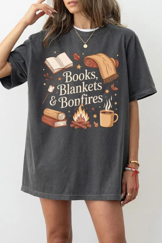 Cozy Fall Books Blankets Bonfires Tee For Women sold by Fancy Tees