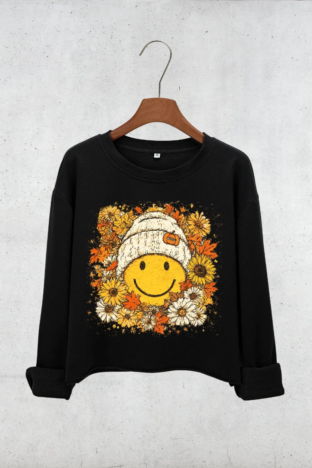 Floral Fall Smiley Face Crop Sweatshirt For Women sold by Fancy Tees product image thumbnail 3