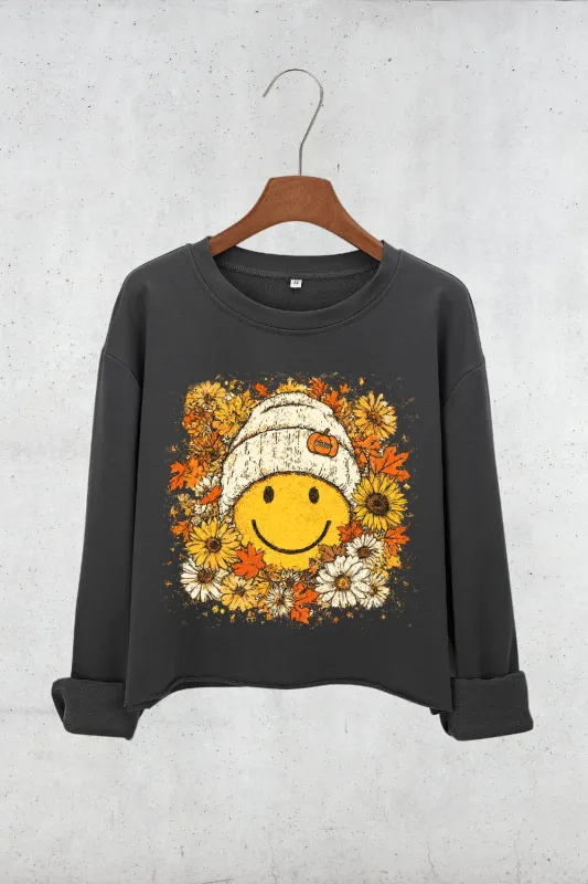 Floral Fall Smiley Face Crop Sweatshirt For Women sold by Fancy Tees