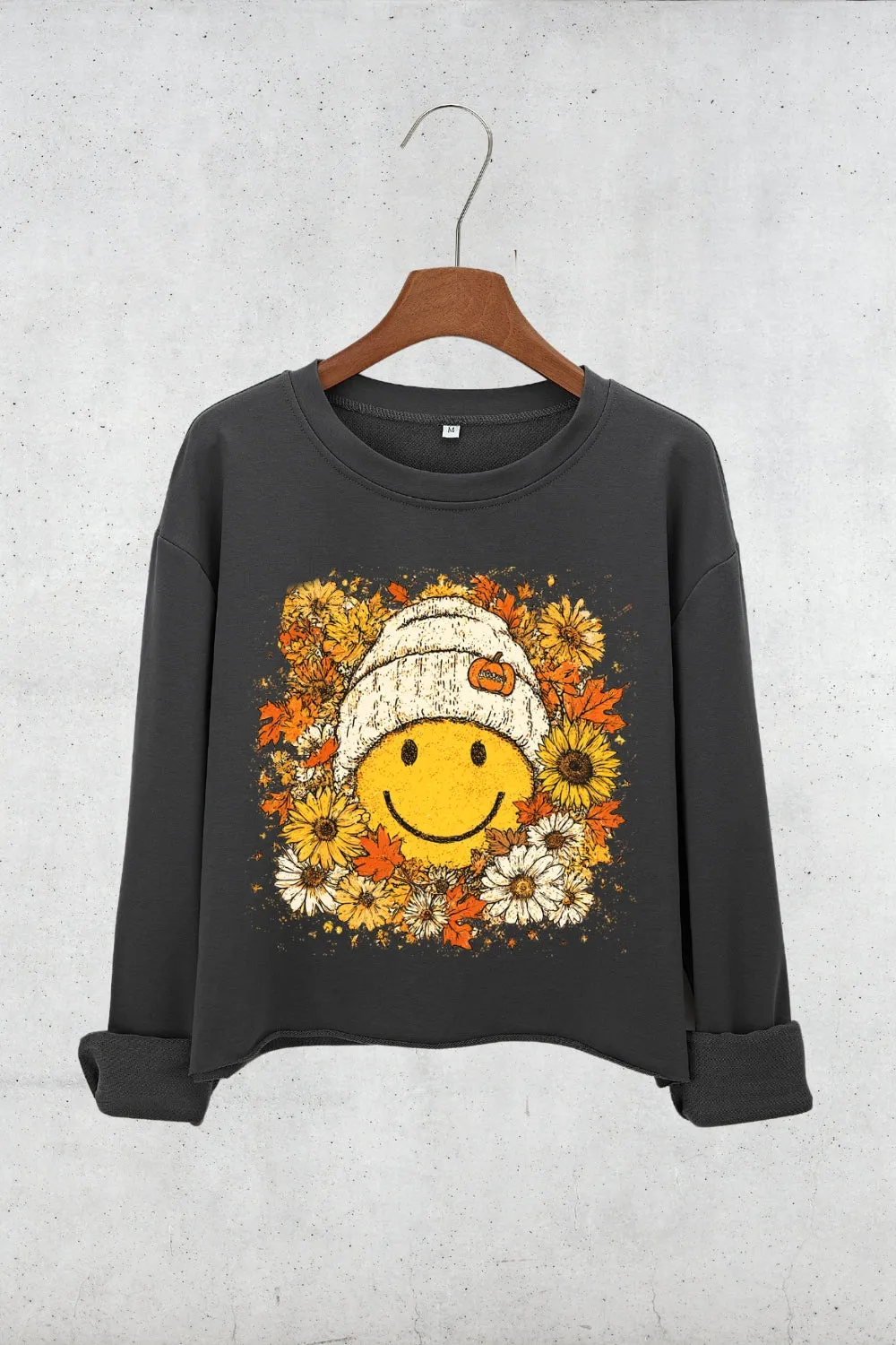 Floral Fall Smiley Face Crop Sweatshirt For Women sold by Fancy Tees