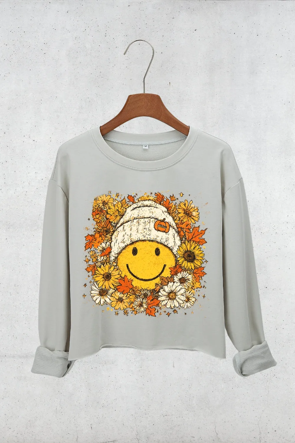 Floral Fall Smiley Face Crop Sweatshirt For Women sold by Fancy Tees product image thumbnail 2