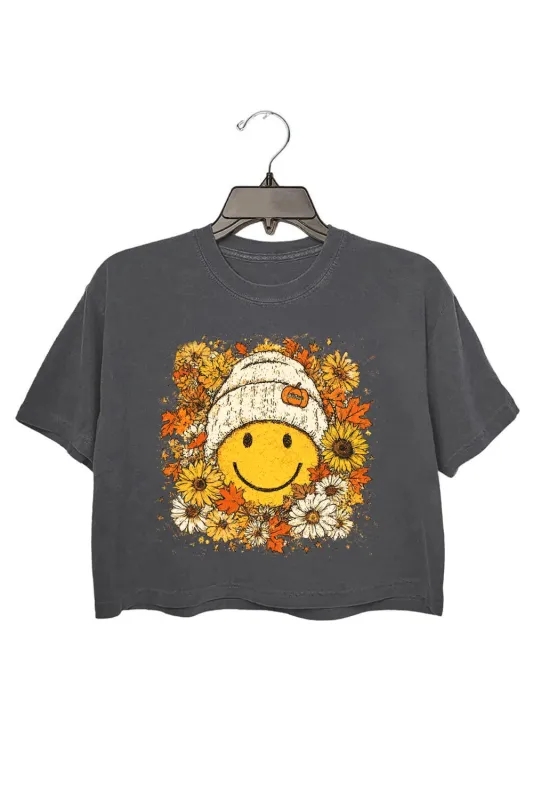 Floral Fall Smiley Face Crop Top For Women sold by Fancy Tees