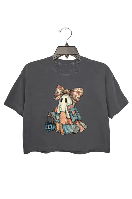 Retro Halloween Blue Denim Boo Ghost Crop Top For Women sold by Fancy Tees