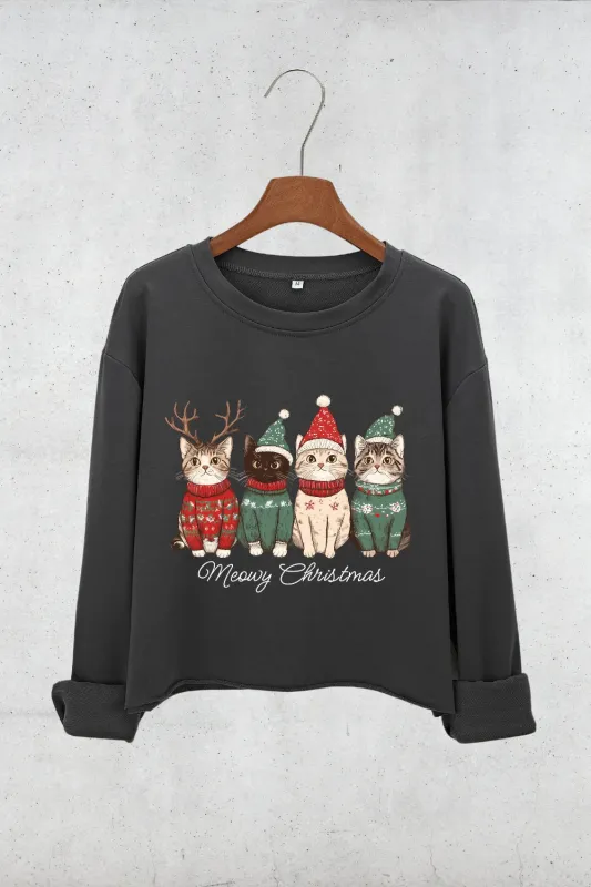 Meowy Christmas Christmas Cat Crop Sweatshirt For Women sold by Fancy Tees