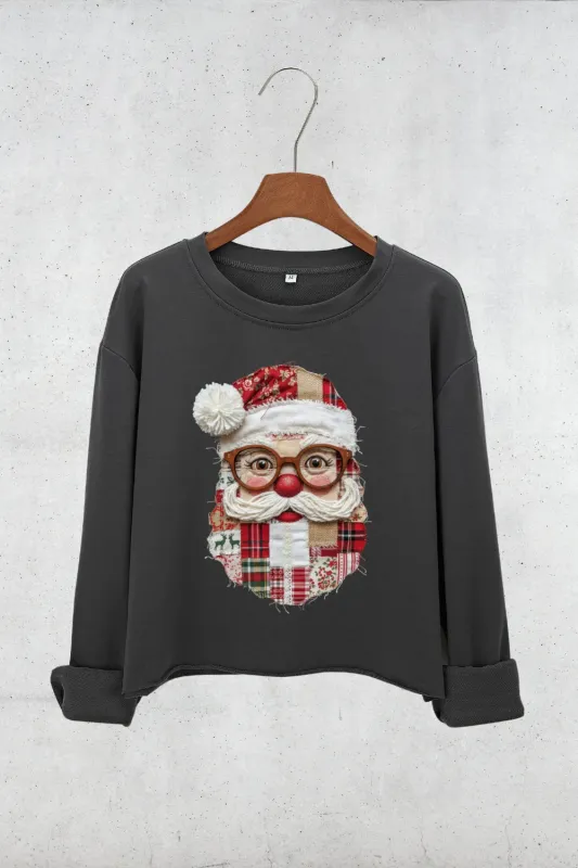 Santa Claus Patchwork Printed Crop Sweatshirt For Women sold by Fancy Tees