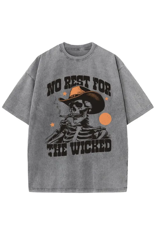 No Rest For The Wicked Western Cowboy Skull Washed Tee sold by Fancy Tees
