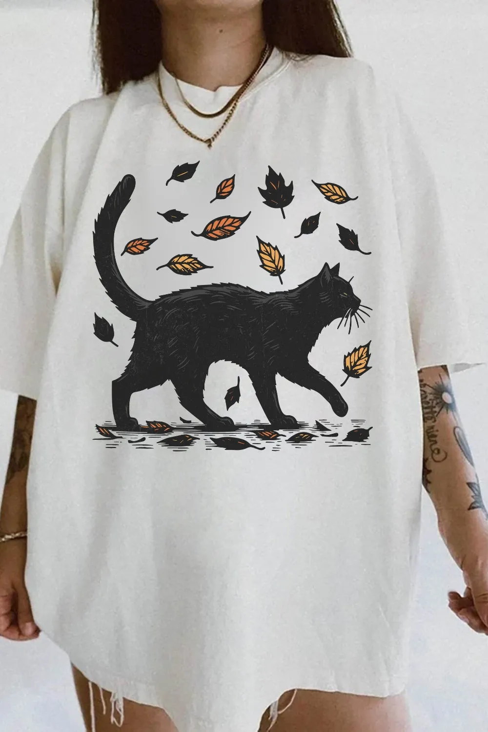 Black Cat Autumn Leaves Tee For Women sold by Fancy Tees