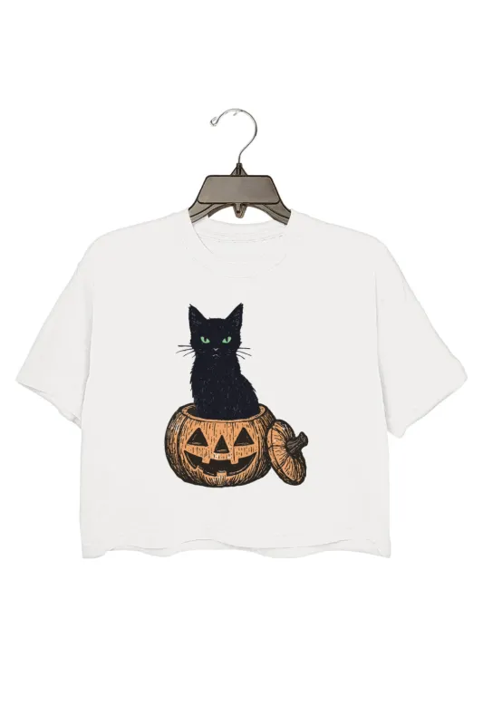 Black Cat In Pumpkin Halloween Crop Top For Women sold by Fancy Tees