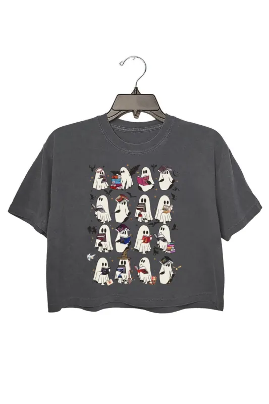 Retro Ghost Book Fantasy Halloween Crop Top For Women sold by Fancy Tees
