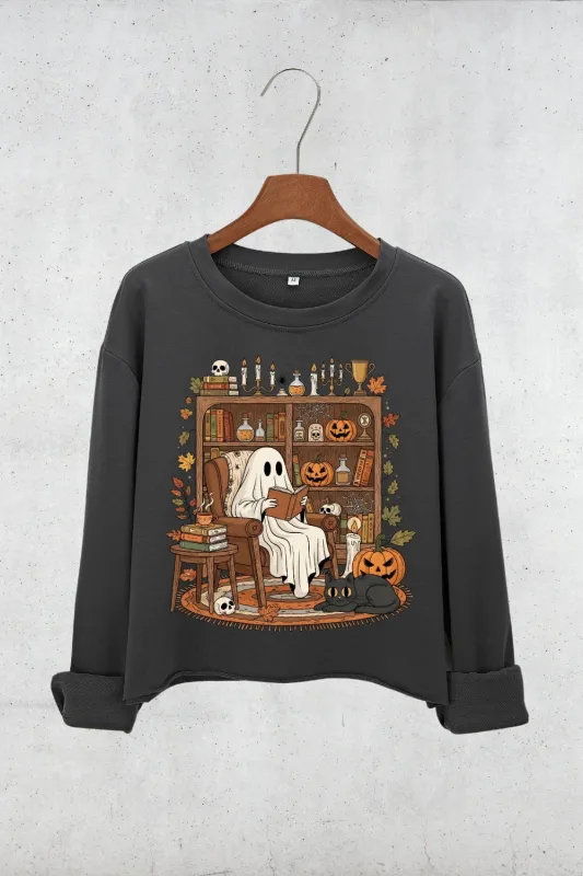 Retro Cozy Ghost Reading Halloween Crop Sweatshirt For Women sold by Fancy Tees