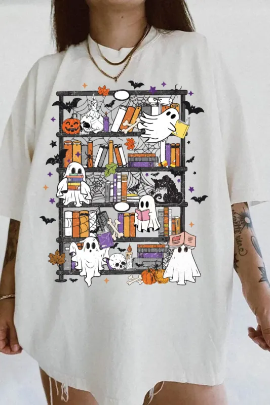 Retro Halloween Bookshelf Boo Ghost Tee For Women sold by Fancy Tees