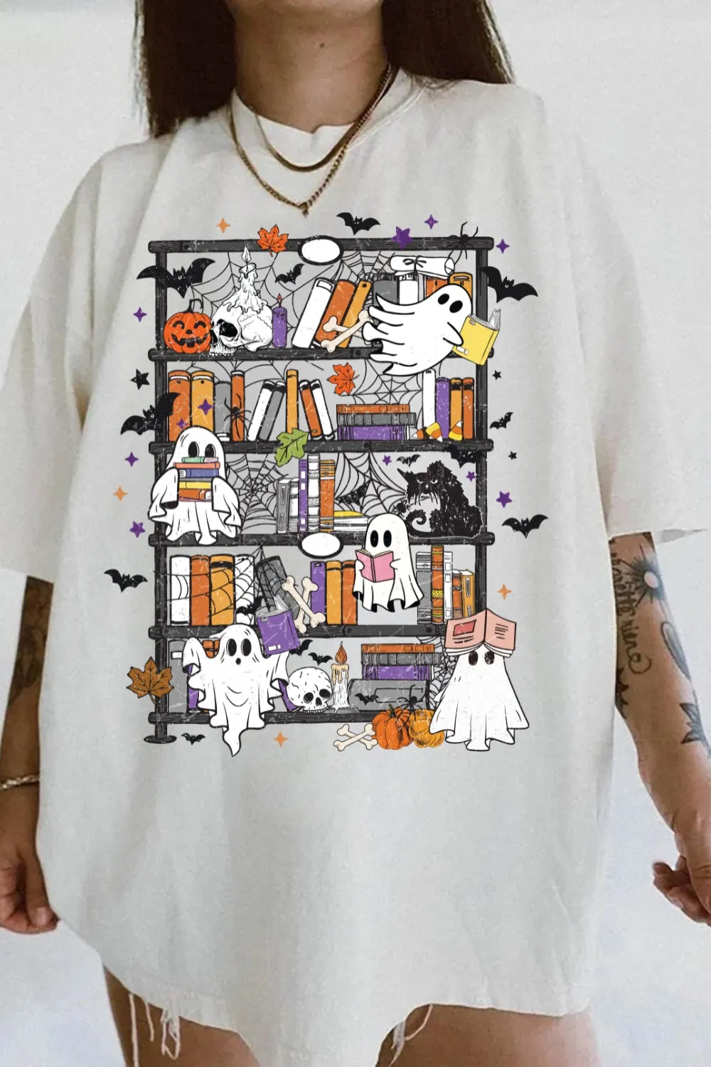 Retro Halloween Bookshelf Boo Ghost Tee For Women sold by Fancy Tees