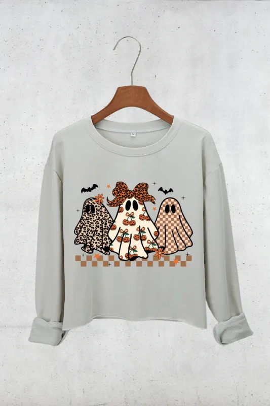 Preppy Halloween Ghost Leopard Crop Sweatshirt For Women sold by Fancy Tees