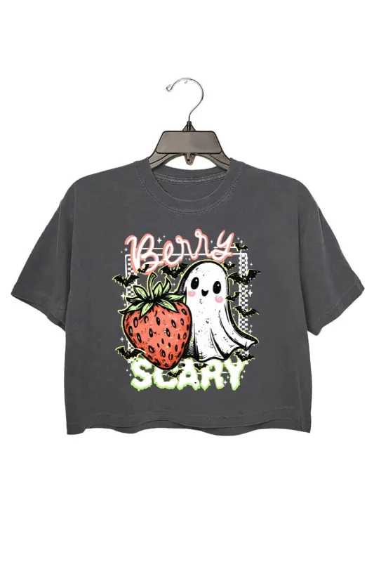 Berry Scary Spooky Strawberry Ghost Crop Top For Women sold by Fancy Tees