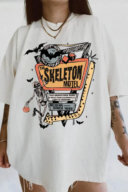 The Skeleton Motel Retro Halloween Tee For Women sold by Fancy Tees