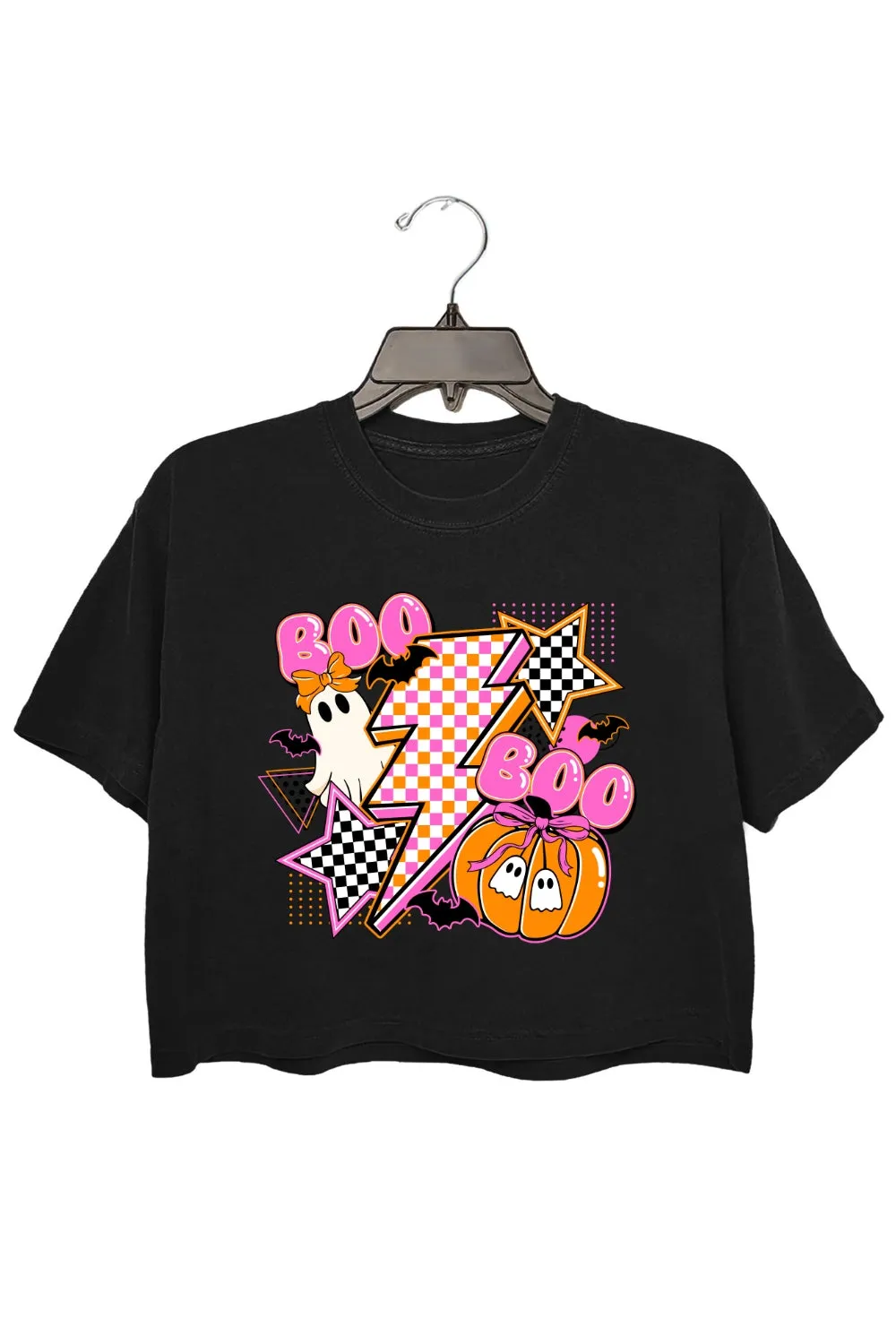 Retro Halloween Boo Checkered Ghost Crop Top For Women sold by Fancy Tees product image thumbnail 3