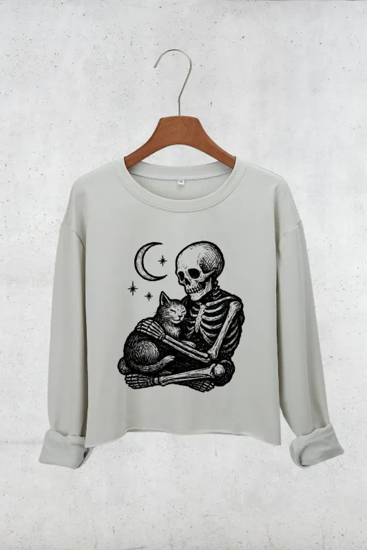 Gothic Skeleton Hugging Cat Crop Sweatshirt For Women sold by Fancy Tees